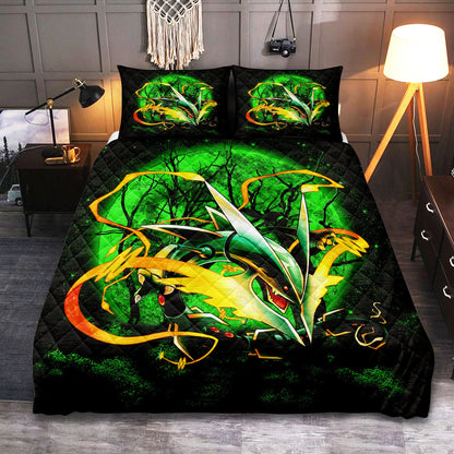 PKM Bedding Set Mega X Rayquaza PKM Moonlight Duvet Covers Black Green Unique Gift