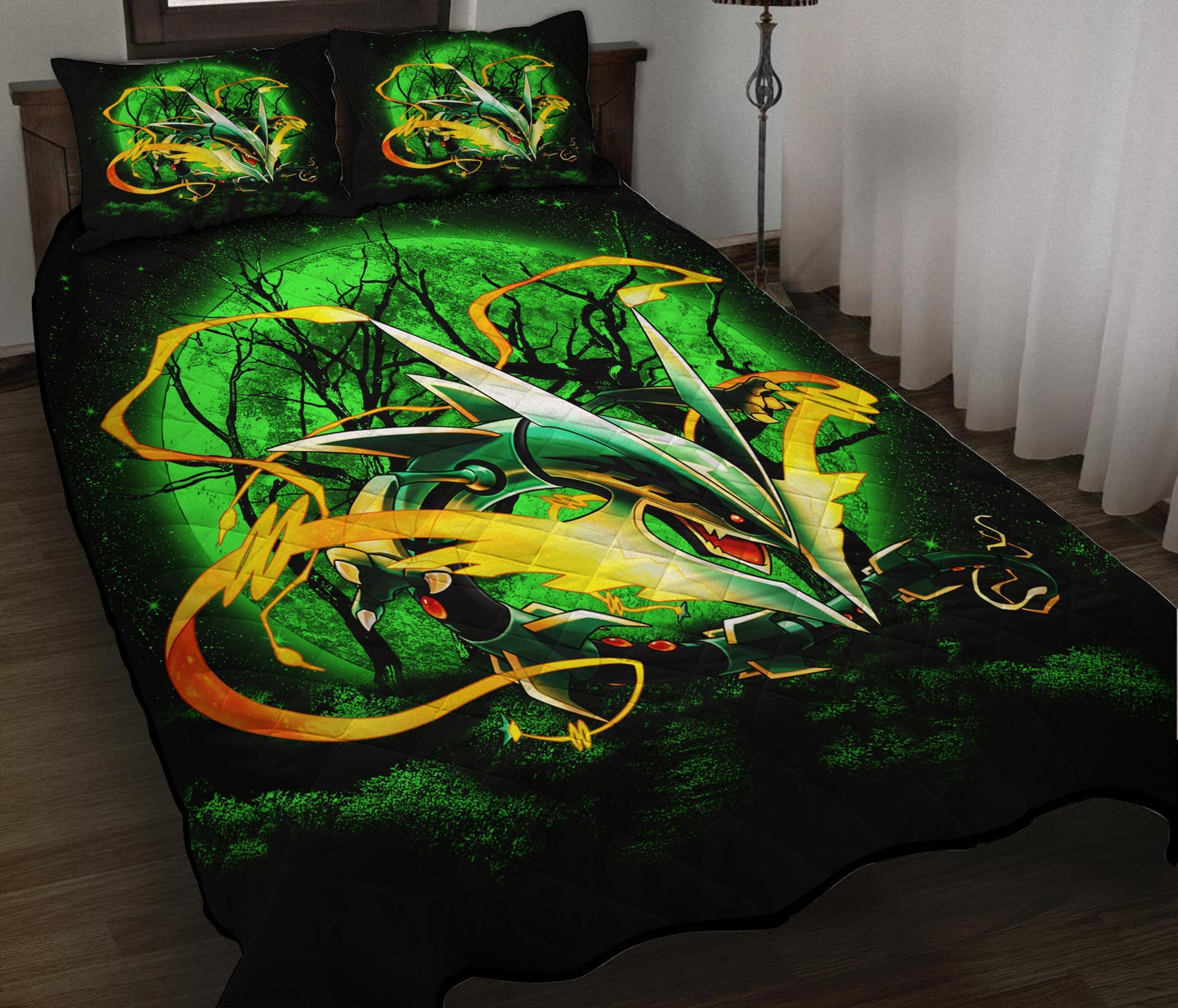 PKM Bedding Set Mega X Rayquaza PKM Moonlight Duvet Covers Black Green Unique Gift