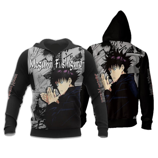 Jujutsu Kaisen Hoodie Megumi Fushiguro Graphic Manga Style Hoodie Black White Unisex