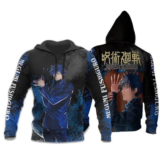 Jujutsu Kaisen Hoodie Megumi Fushiguro Fighting Pose Hoodie Black Blue Unisex