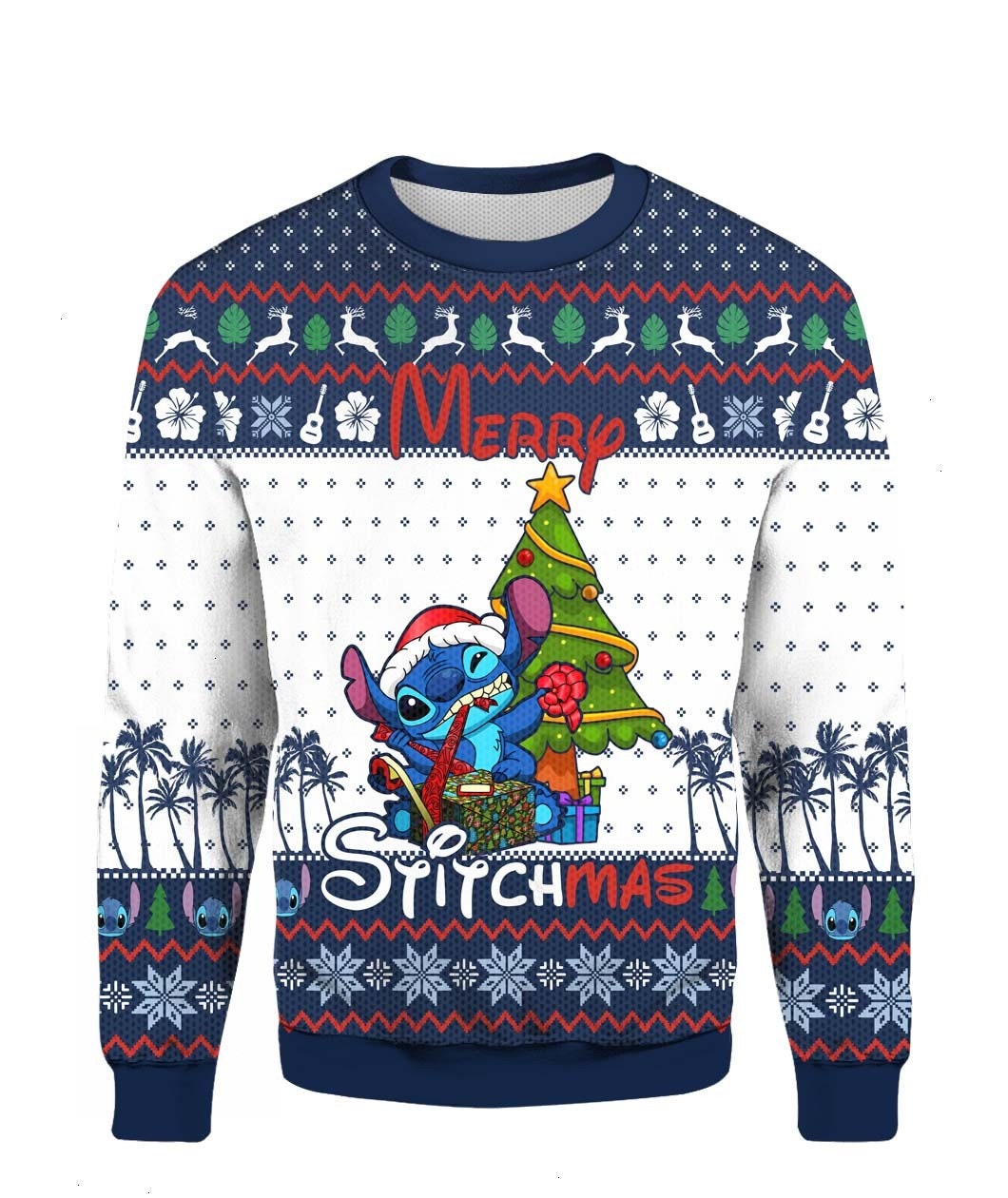 DN Stitch Sweatshirt Stitch Under Christmas Tree Sweatshirt Blue White Unisex