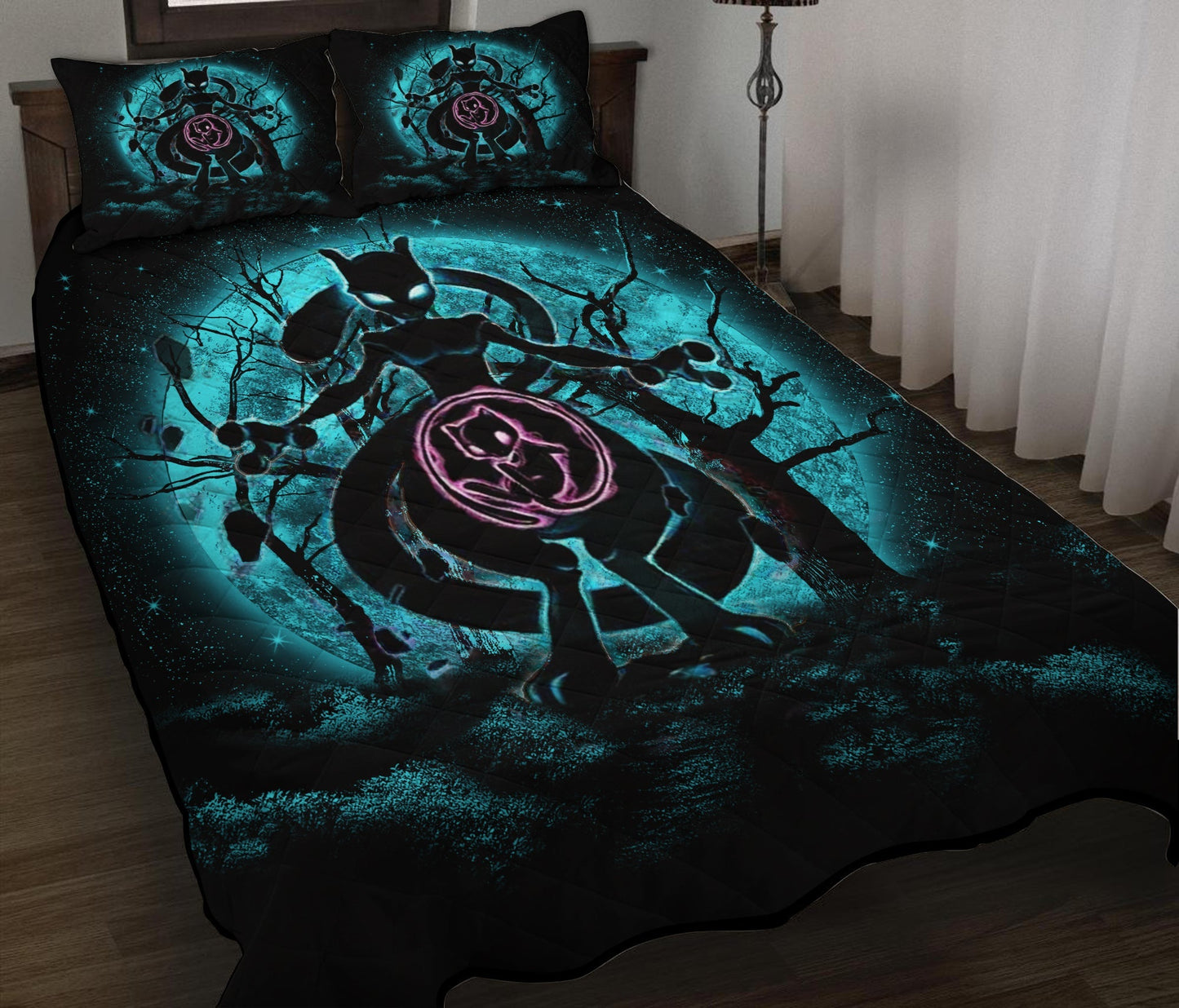 PKM Bedding Set PKM Mew And Mewtwo Moonlight Duvet Covers Black Blue Unique Gift