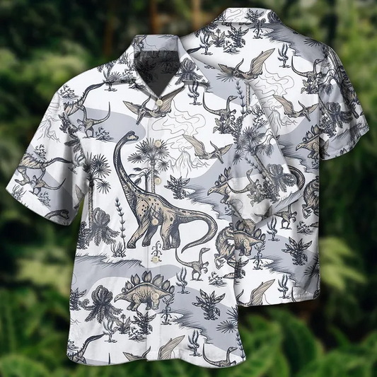 Unifinz Jurassic Park Hawaiian Shirt Jurassic Dinosaur Prehistoric Black White Tropical Hawaii Shirt Jurassic Park Aloha Shirt 2023