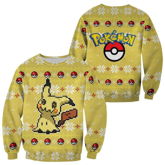 PKM Sweatshirt PKM Mimikyu Pokeball Snowflake Pattern Sweatshirt Yellow Unisex