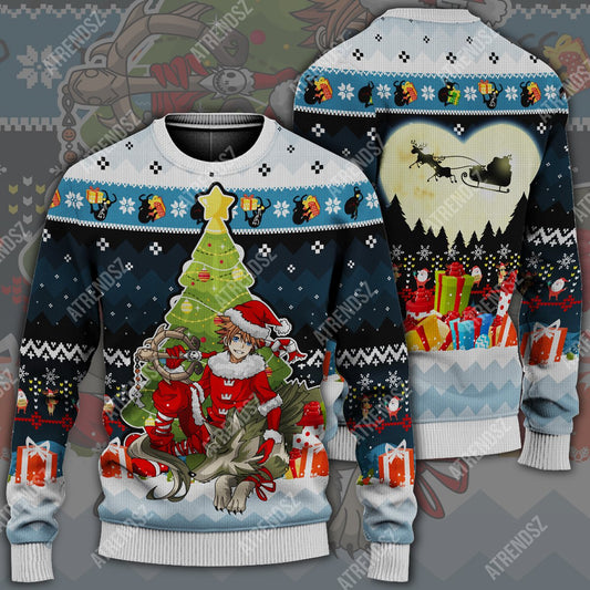  Kingdom Hearts Ugly Sweater Sora Wolf Link Christmas Tree Blue Sweater