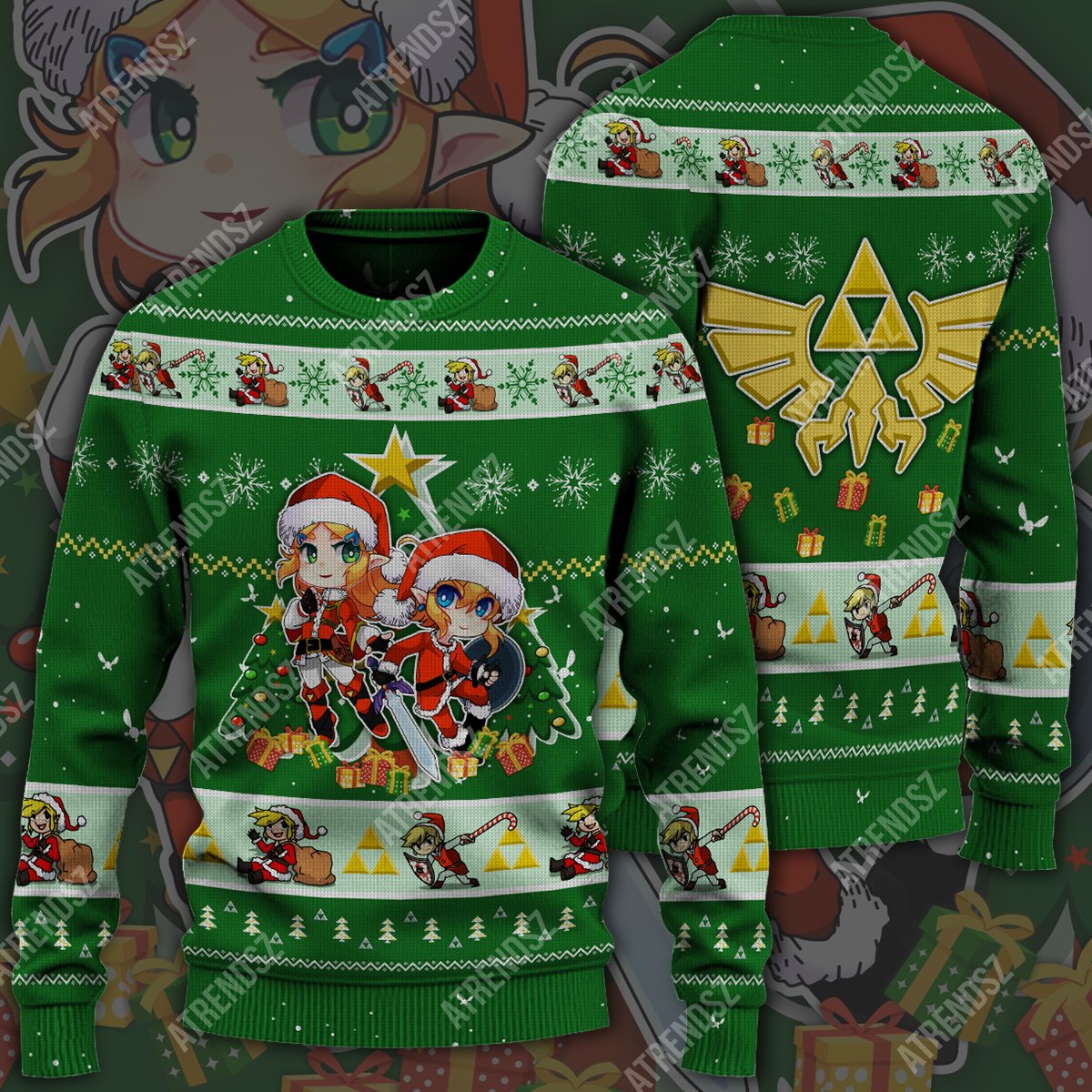 Unifinz Legend Of Zelda Sweater Green Chibi Link Zelda Hyrule Symbol Ugly Sweater Legend Of Zelda Ugly Sweater 2022
