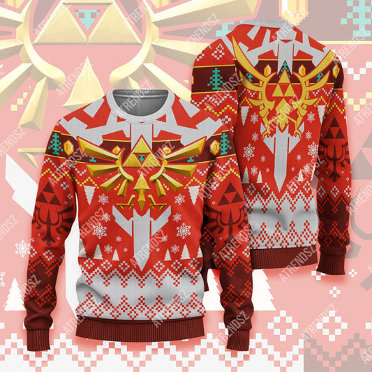 Unifinz Legend Of Zelda Ugly Sweater Red Hyrule And Triforce Symbol Sweater Legend Of Zelda Sweater 2022