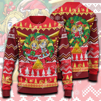 Unifinz Legend Of Zelda Sweater Chibi Zelda Link Wreath Christmas Ugly Sweater Legend Of Zelda Ugly Sweater 2022