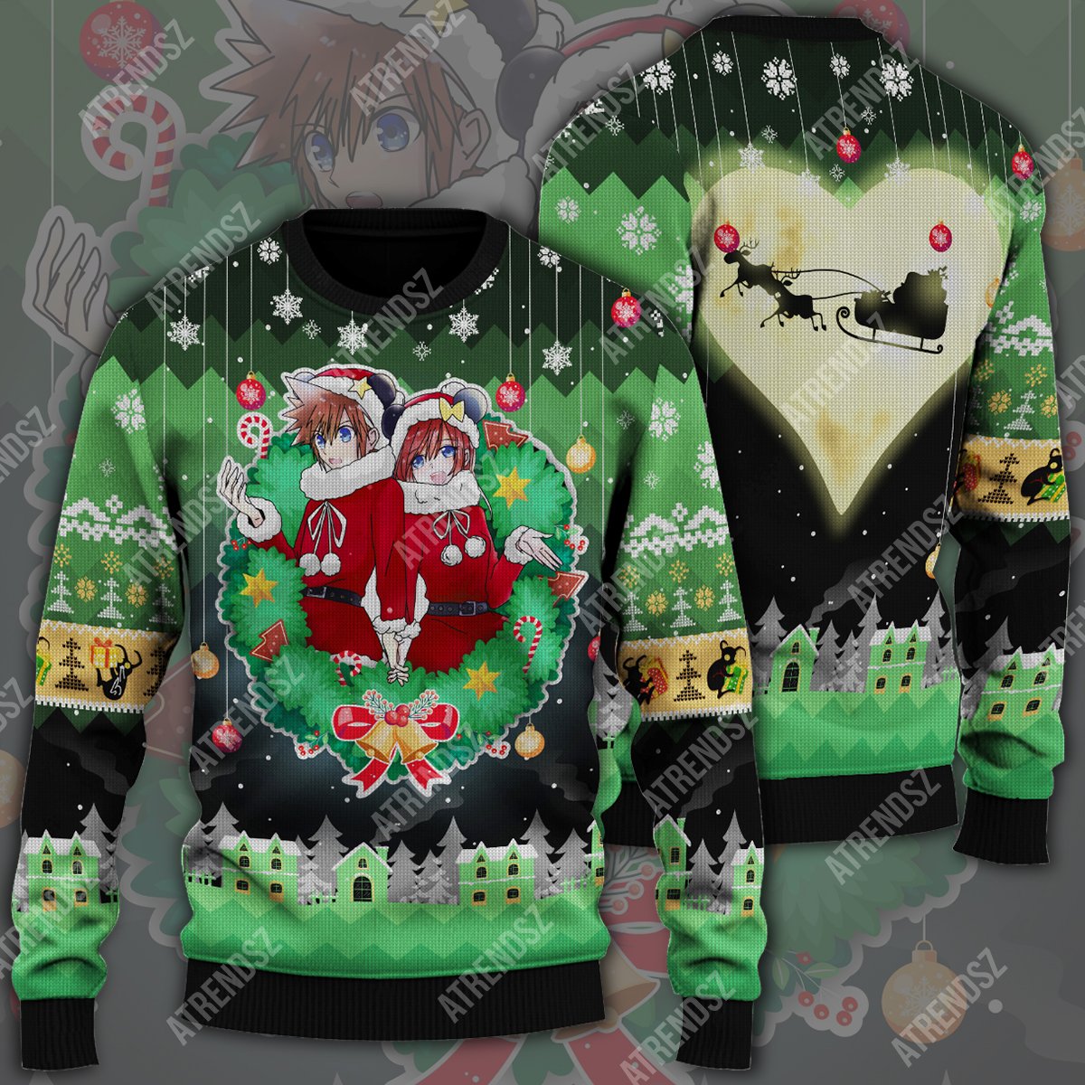  Kingdom Hearts Ugly Sweater Sora Kairi Christmas Wreath Green Sweater