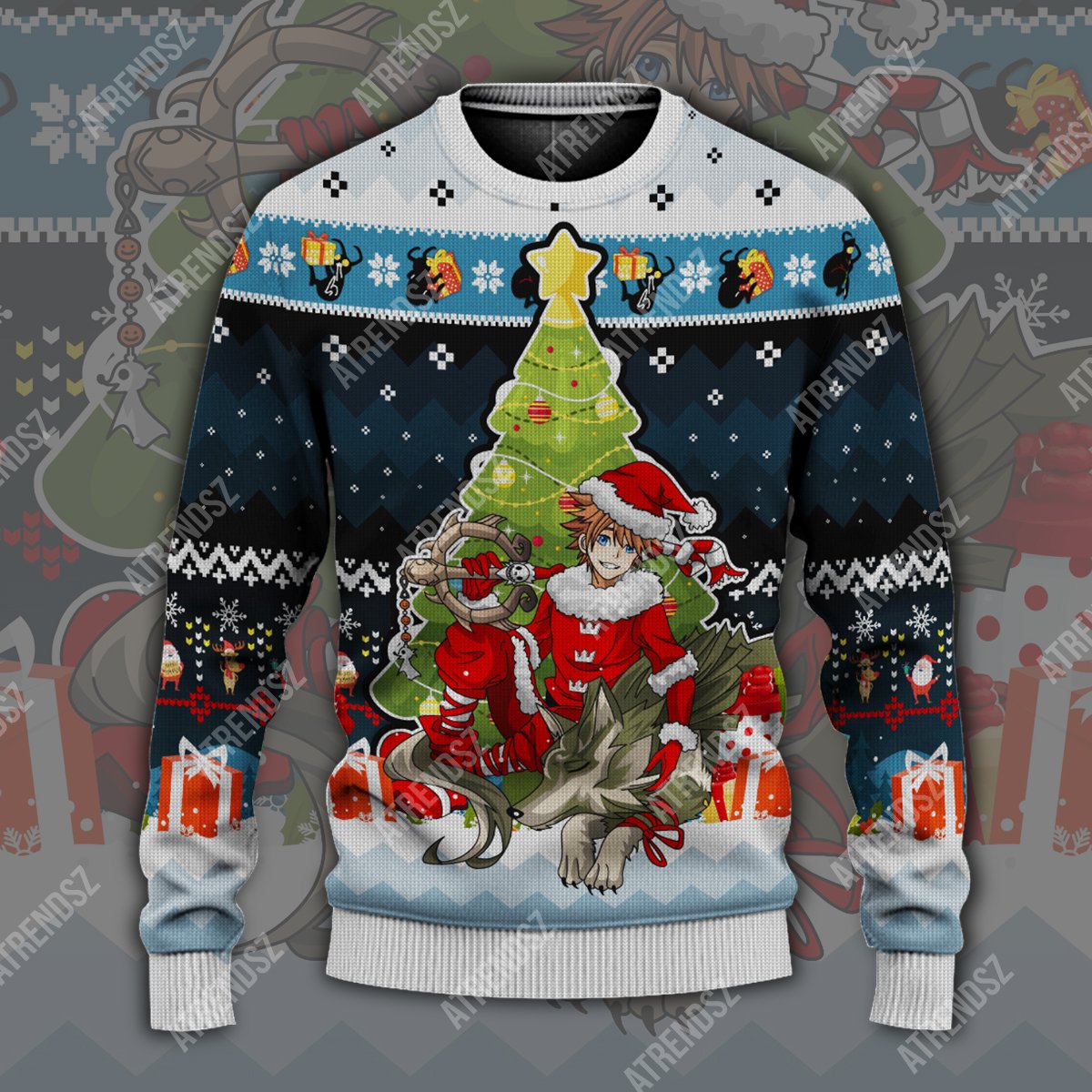  Kingdom Hearts Ugly Sweater Sora Wolf Link Christmas Tree Blue Sweater