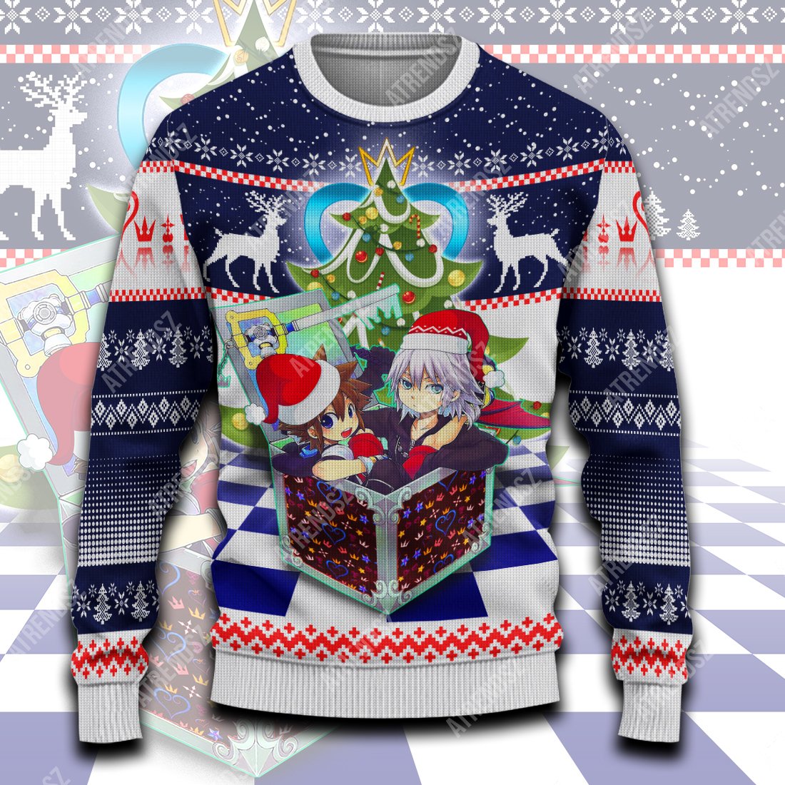  Kingdom Hearts Sweater Riku Sora Christmas Gift Box Dark Blue Ugly Sweater