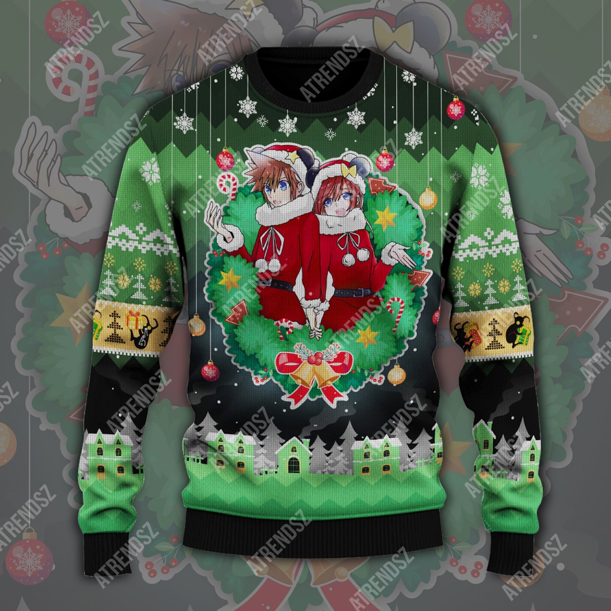  Kingdom Hearts Ugly Sweater Sora Kairi Christmas Wreath Green Sweater