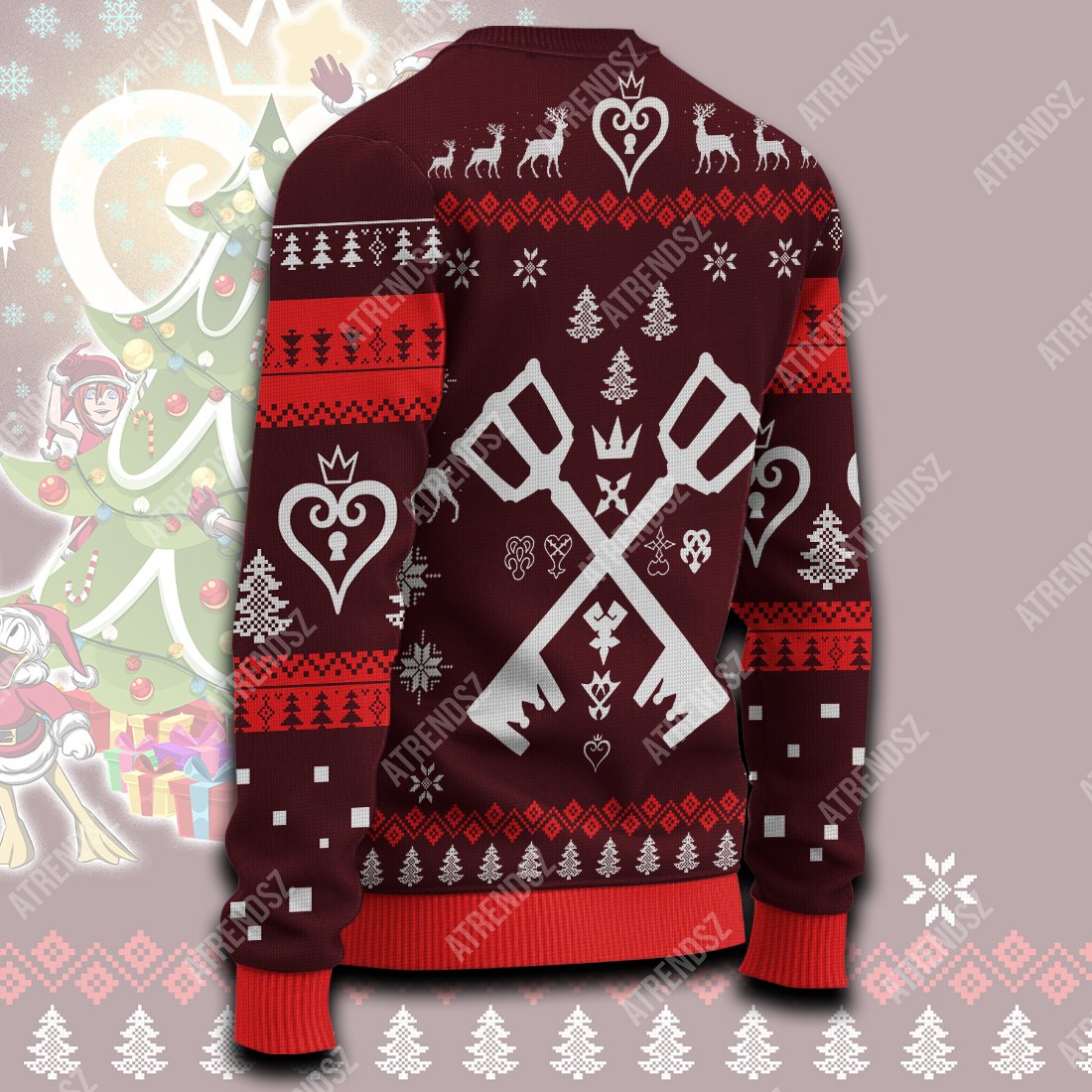  Kingdom Hearts Ugly Sweater Sora Riku Kairi Donaldd Decorate Christmas Tree Dark Red Sweater