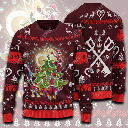  Kingdom Hearts Ugly Sweater Sora Riku Kairi Donaldd Decorate Christmas Tree Dark Red Sweater