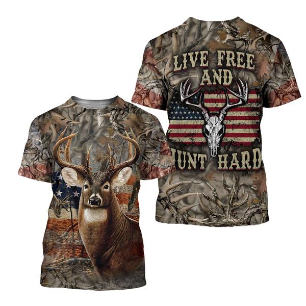  Hunting T-shirt Live Free And Hunt Hard Deer Hunting American Flag T-shirt Hunting Hoodie Adult Full Print