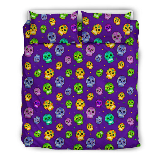 Skull Bedding Set Muerto Sugar Skulls Pattern Duvet Covers Purple Unique Gift