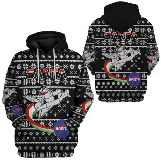 NASA Hoodie Santa Snowman Christmas Pattern Hoodie Black White Unisex