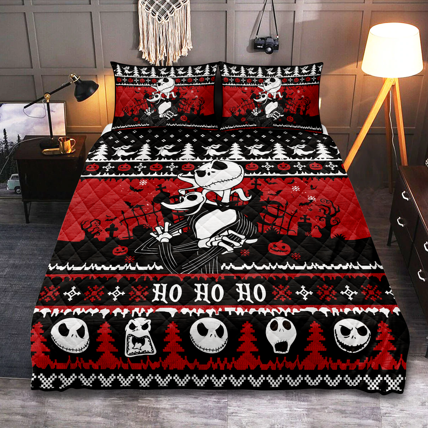 TNBC Bedding Set Jack Christmas Pattern Hohoho Duvet Covers Black Red Unique Gift