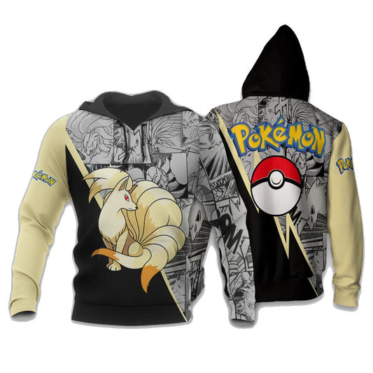 PKM Hoodie Ninetales Graphic Manga Style Hoodie Black Yellow Unisex