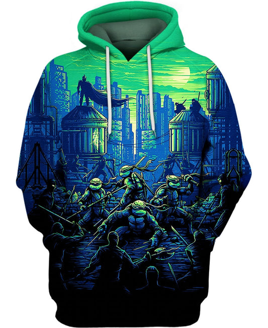 TMNT Hoodie Ninja Turtles Fighting Scene Hoodie Blue Green Unisex