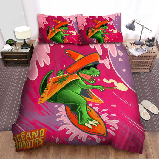 Dinosaur Bedding Set Dinosaur Sufing On Waves Duvet Covers Red Unique Gift