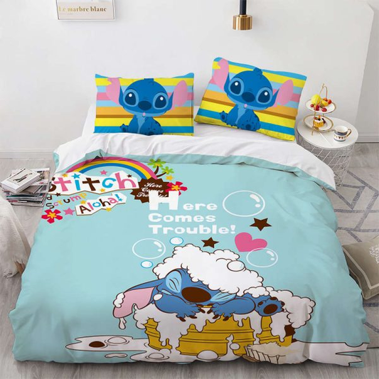 Lilo And Stitch Bedding Set Stitch Bathing Here Comes Trouble Duvet Covers Blue Unique Gift