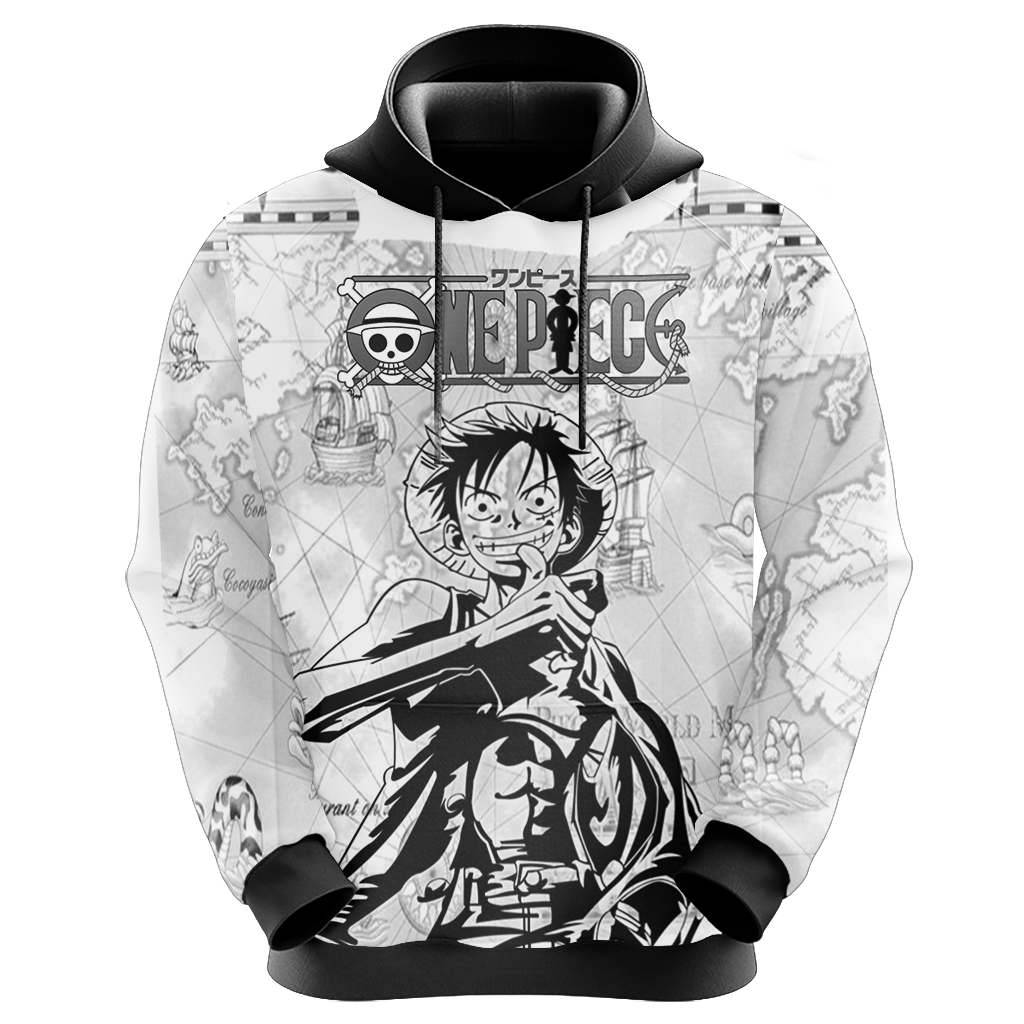 One Piece Hoodie Captain Luffy World Map Hoodie Black White Unisex