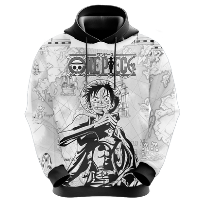 One Piece Hoodie Captain Luffy World Map Hoodie Black White Unisex