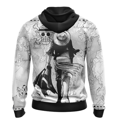 One Piece Hoodie Captain Luffy World Map Hoodie Black White Unisex