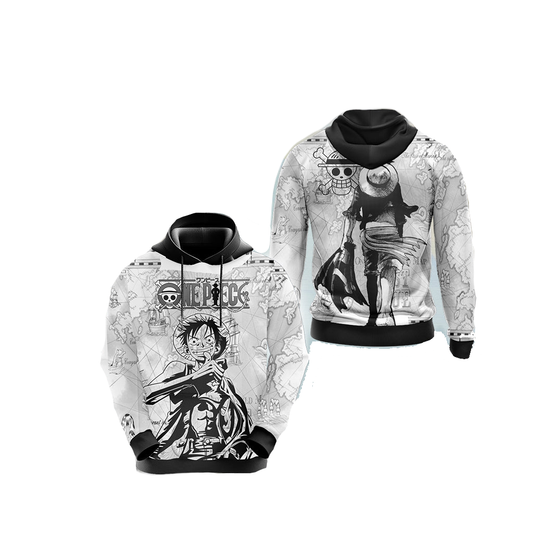 One Piece Hoodie Captain Luffy World Map Hoodie Black White Unisex