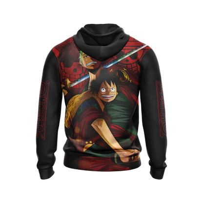 One Piece Hoodie Luffy And Zoro Fight Hoodie Black Red Unisex