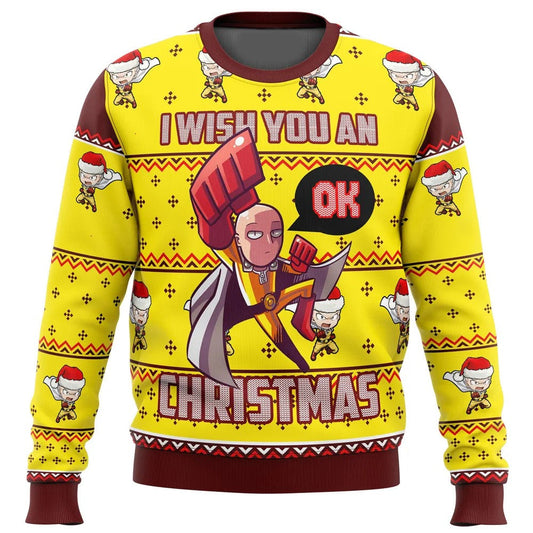 One Punch Man Sweatshirt Saitama I Wish You An Ok Christmas Sweatshirt Yellow Unisex