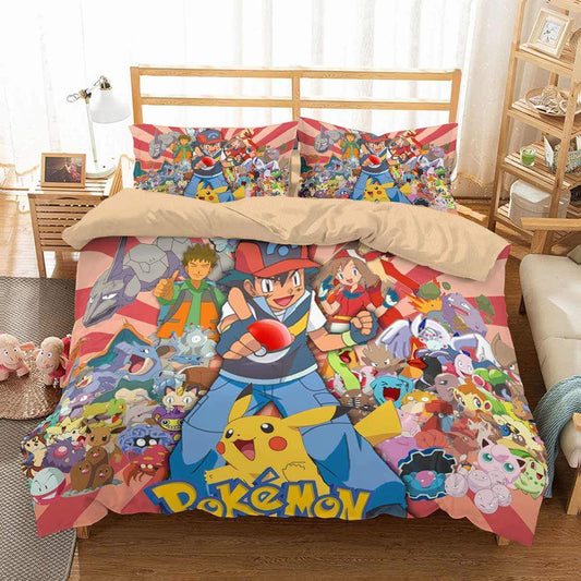 PKM Bedding Set Ash Ketchum And Friends With Their PKM Duvet Covers Colorful Unique Gift