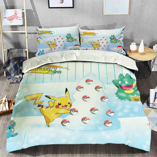 PKM Bedding Set PKM Pikachu Making Snow Christmas Tree Duvet Covers White Unique Gift