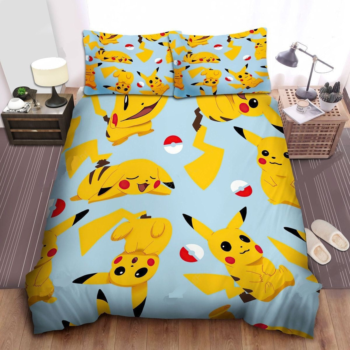 PKM Bedding Set PKM Pikachu Relaxing Pattern Duvet Covers Blue Yellow Unique Gift