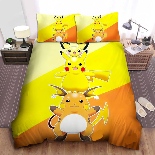 PKM Bedding Set Full Pikachu Evolution Team Duvet Covers Yellow Unique Gift