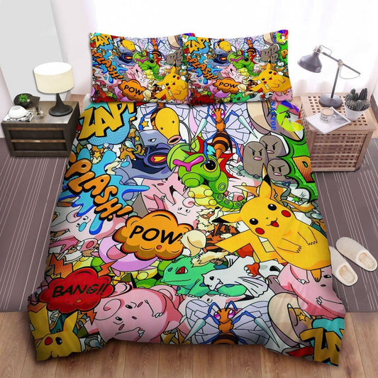 PKM Bedding Set Pikachu And Gen 1 PKM Graphic Duvet Covers Colorful Unique Gift