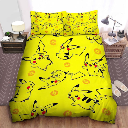 PKM Bedding Set Pikachu Cute Emotion Pattern Duvet Covers Yellow Unique Gift