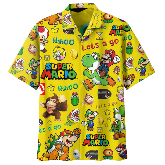 Mario Hawaii Shirt Wahoo Let's A Go Super Mario Aloha Shirt Yellow Unisex