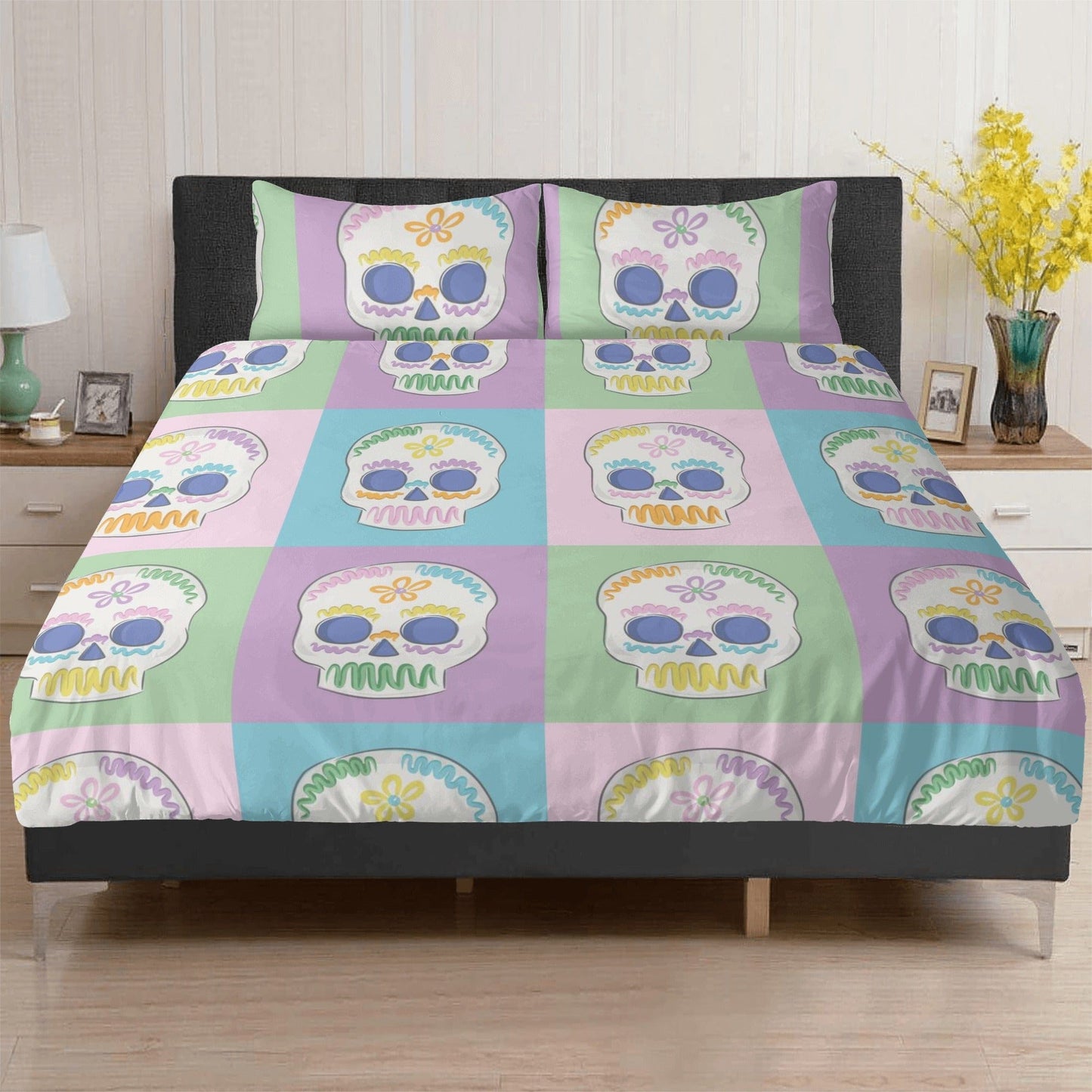 Skull Bedding Set Pastel Head Skull Pattern Duvet Covers Colorful Unique Gift