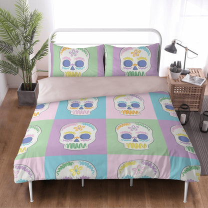 Skull Bedding Set Pastel Head Skull Pattern Duvet Covers Colorful Unique Gift