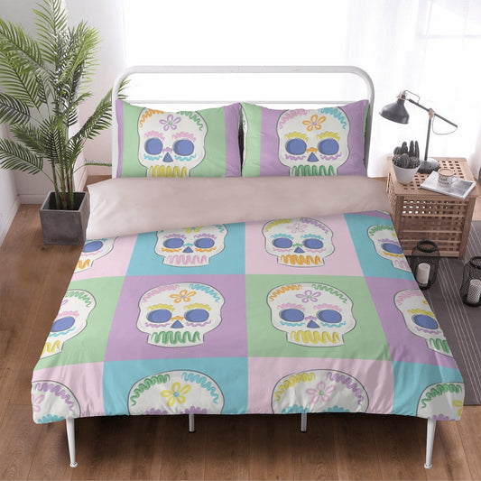 Skull Bedding Set Pastel Head Skull Pattern Duvet Covers Colorful Unique Gift