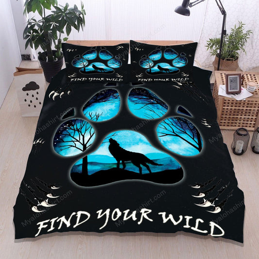 Wolf Bedding Set Paws Find Your Wild Wolf Duvet Covers Blue Black Unique Gift