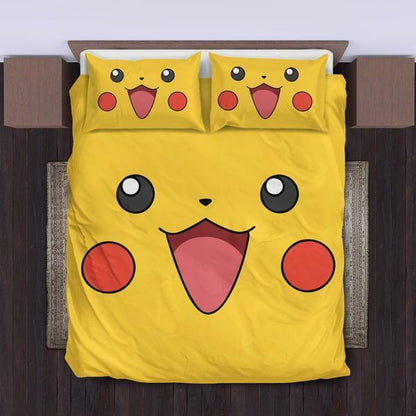 PKM Bedding Set Pikachu Face Cosplay Duvet Covers Yellow Unique Gift
