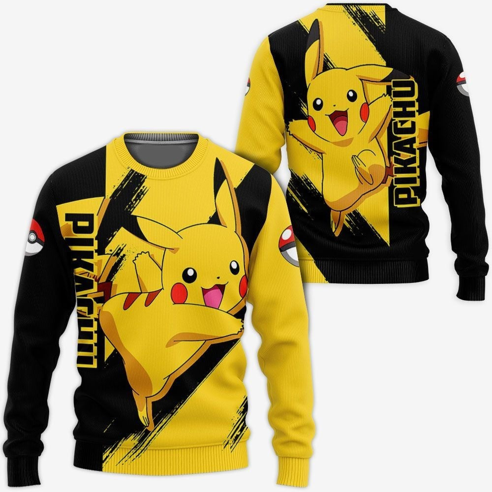 PKM Sweatshirt PKM Electric Type Pikachu Pokeball Pattern Sweatshirt Black Yellow Unisex