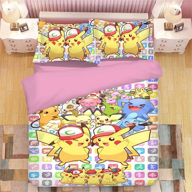 PKM Bedding Set PKM Graphic Pikachu Wears Hat Duvet Covers Colorful Unique Gift