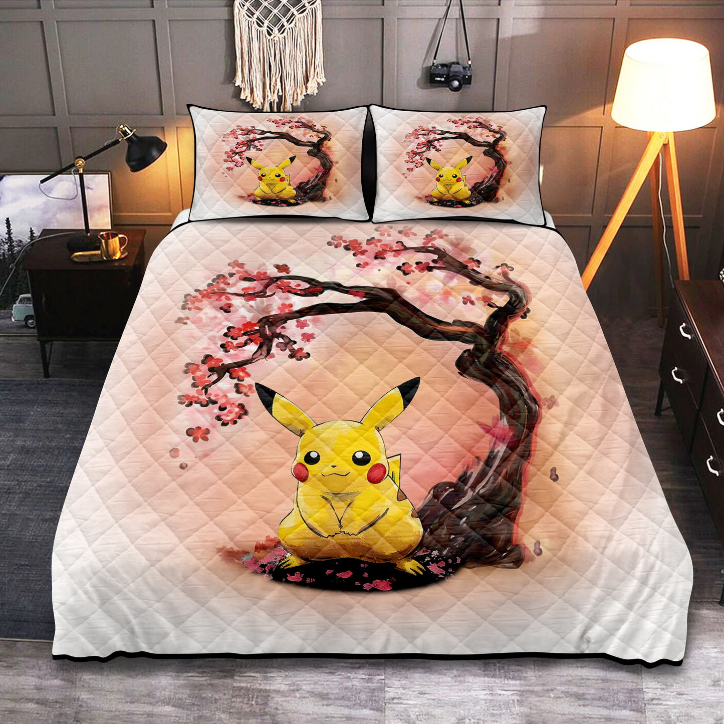 PKM Bedding Set PKM Pikachu Under Cherry Blossom Duvet Covers Pink Unique Gift