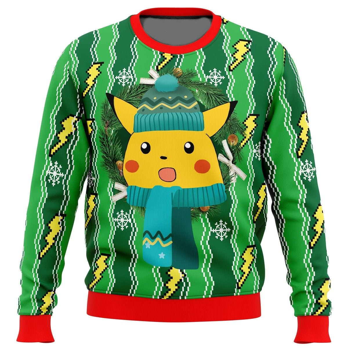 PKM Sweatshirt Dumb Face Pikachu Christmas Wreath Sweatshirt Green Unisex