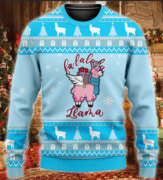 Llama Christmas Ugly Sweater Llama With Wings Fa La La La Llama Blue Sweater