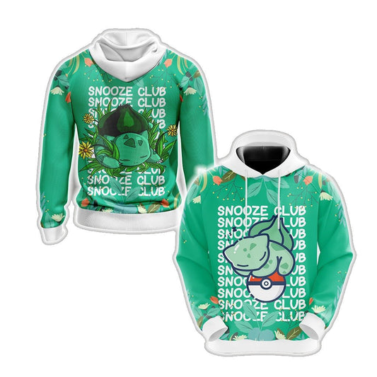 PKM Hoodie Chibi Cute Bulbasaur Snooze Club Hoodie Green Unisex